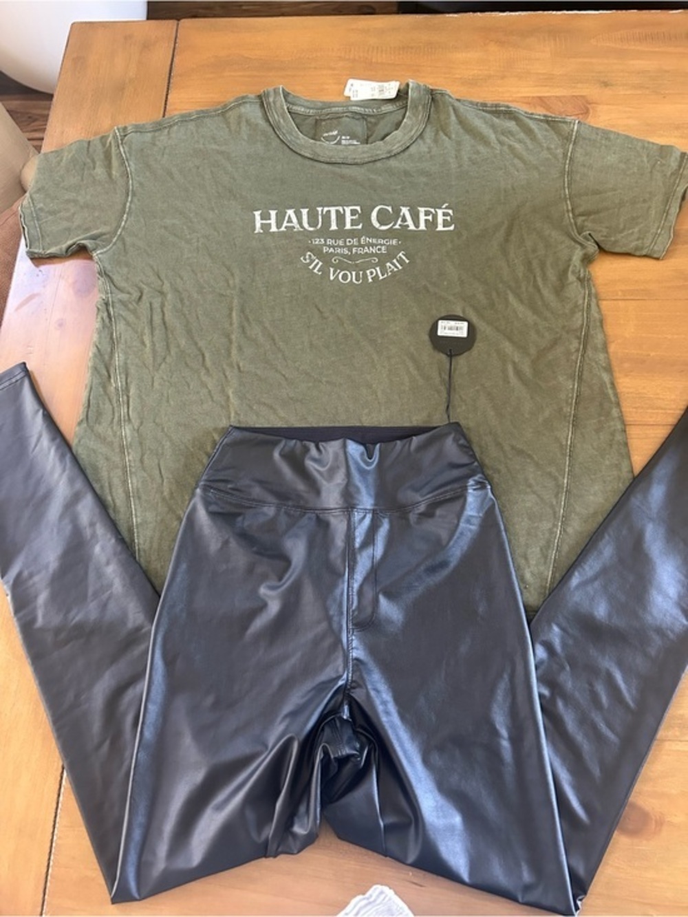 NWT Aerie Haute Café Graphic Tee in Olive with Black Faux Leather Leggings